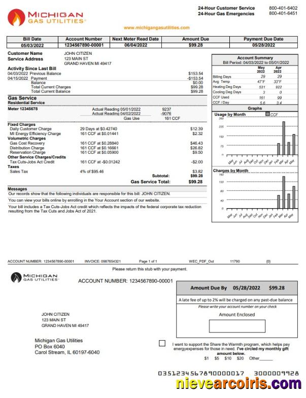 USA Michigan gas Utilities utility bill version 1